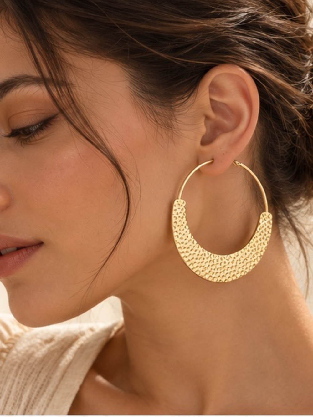 Gold Hammered Crescent Hoop Statement Earrings